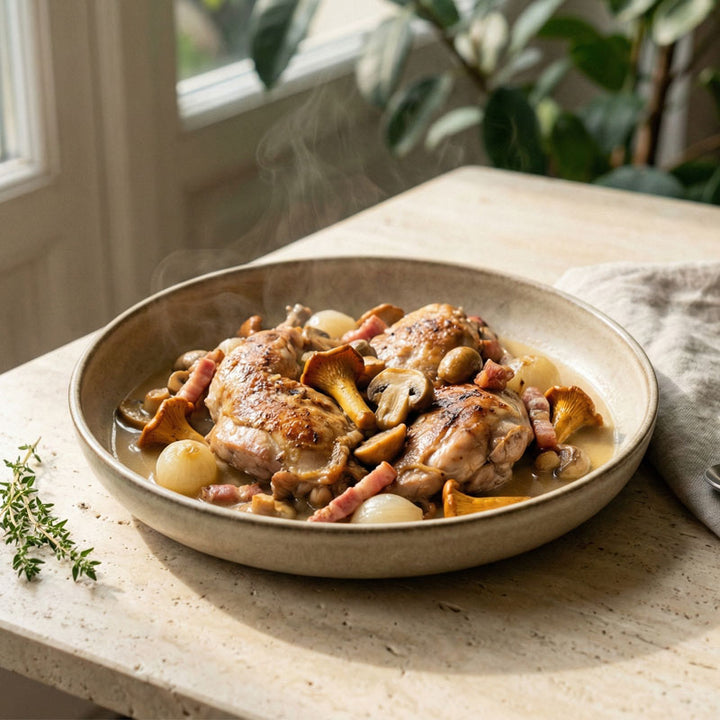 Recette du lapin au champignons, lardon et vin blanc