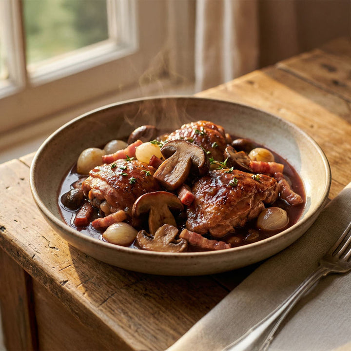 Poulet au vin rouge et aux cèpes à la cocotte minute