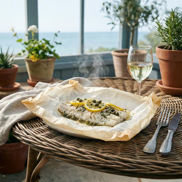 Papillote de lieu aux câpres et vin blanc