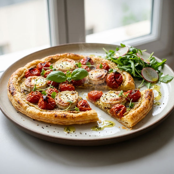 Tarte fine à la tomate, moutarde et chèvre