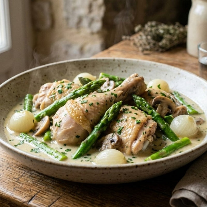 Fricassée de poulet fermier aux asperges vertes
