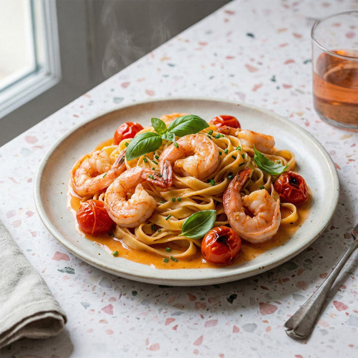 Pâtes aux crevettes, tomates et vin rosé