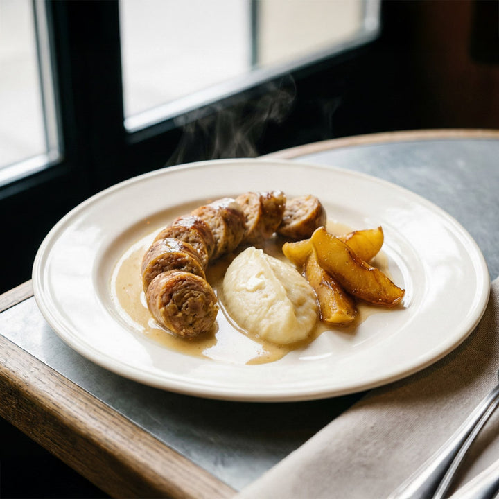 Andouilettes au vin blanc, à la purée d'oignons et aux pommes