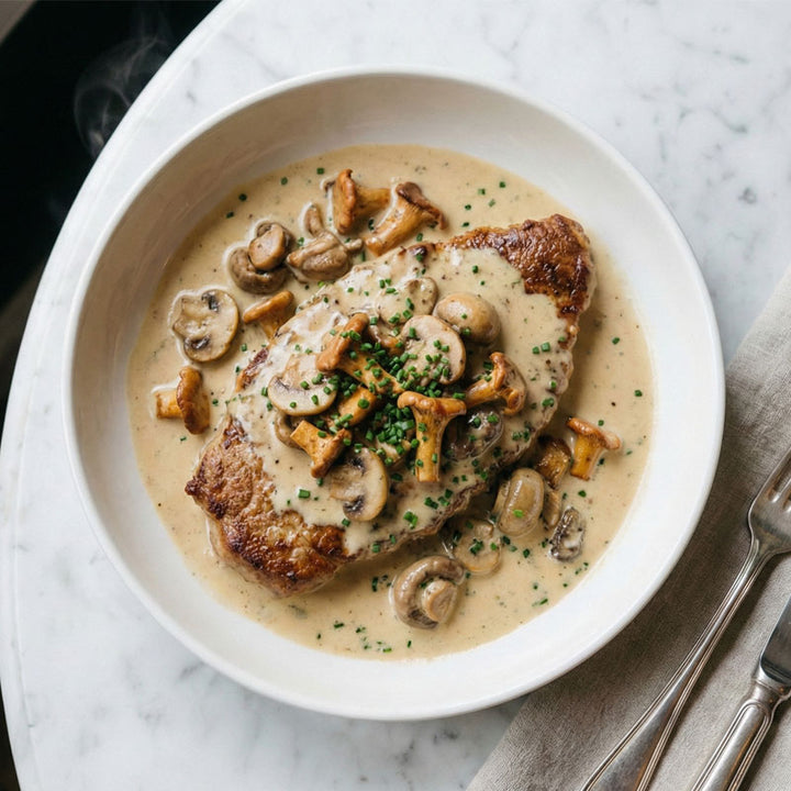 Escalope de veau à la crème avec champignons et vin blanc