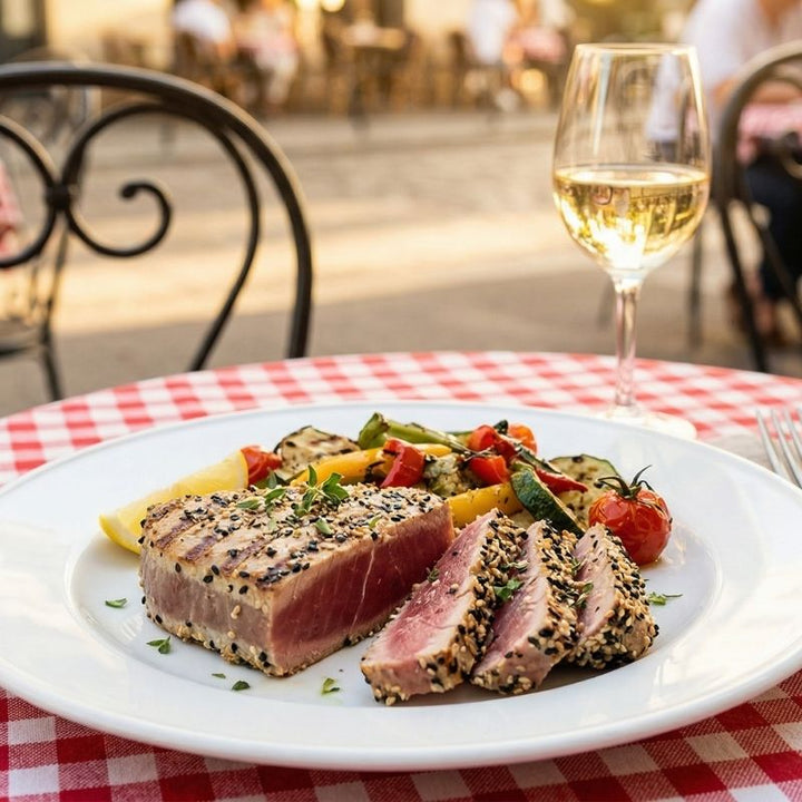 Pavé de Thon Rouge de Saint-Jean-de-Luz mi-cuit à la plancha et sa Compotée de Piquillos au Piment d'Espelette