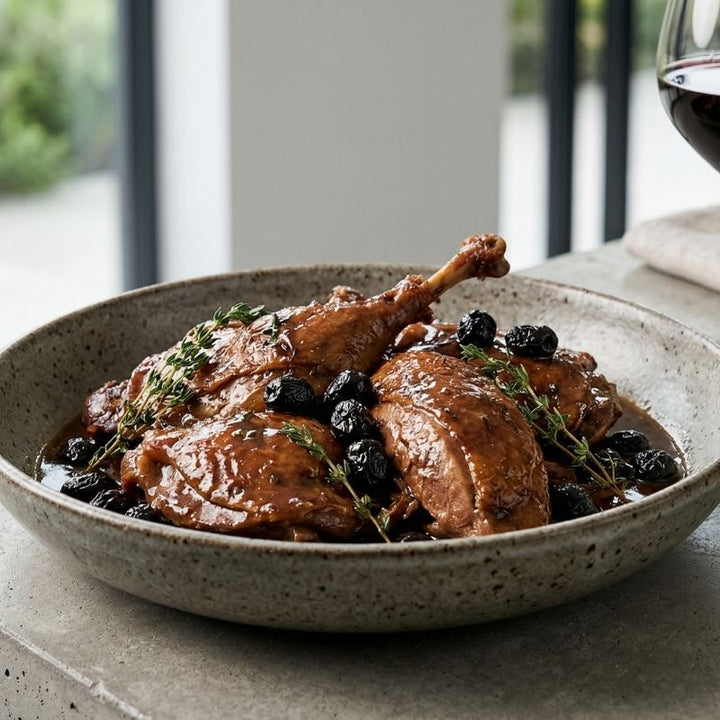 Canard fermier braisé aux olives de nyons et au thym
