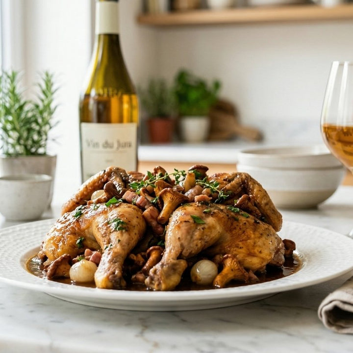 Coquelet fermier braisé au vin du jura et aux girolles