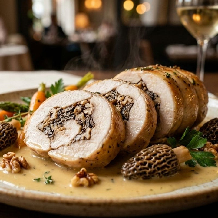 Ballotine de chapon fermier aux morilles et noix