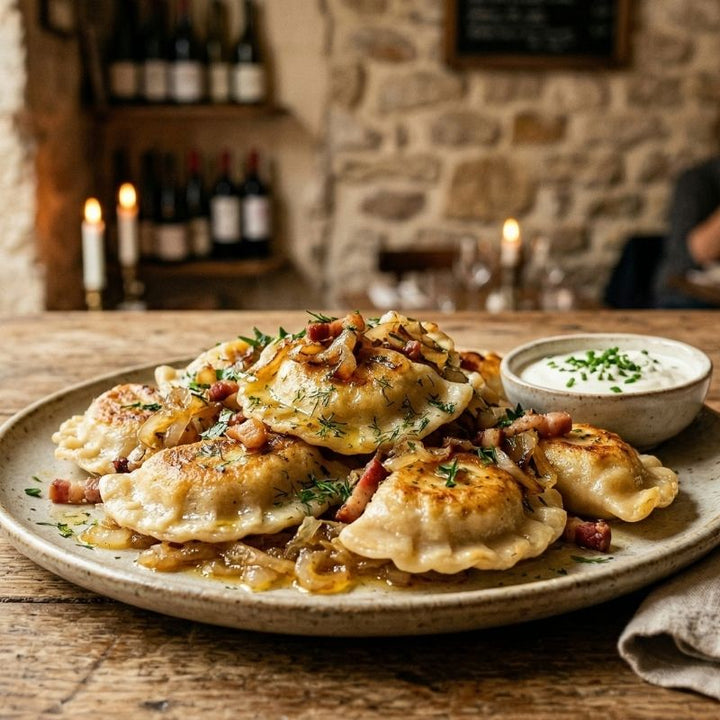 Pierogi polonais farcis à la viande et oignons dorés