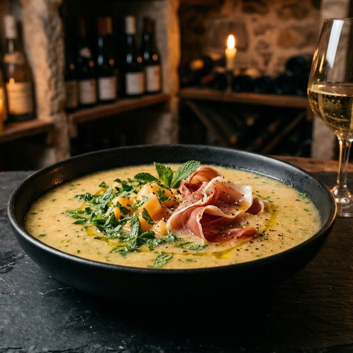 Gaspacho de melon frais à la menthe et jambon cru