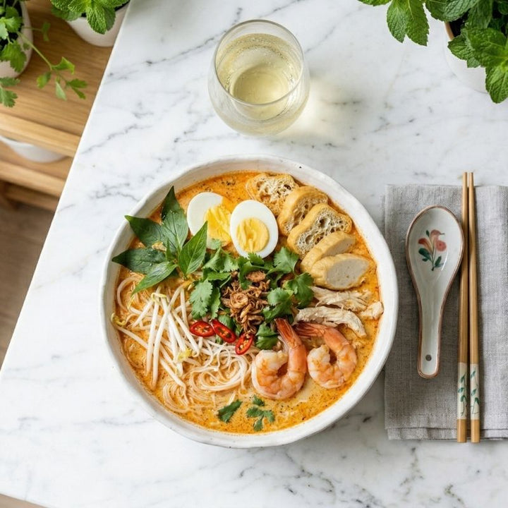 Laksa singapourien au lait de coco et crevettes