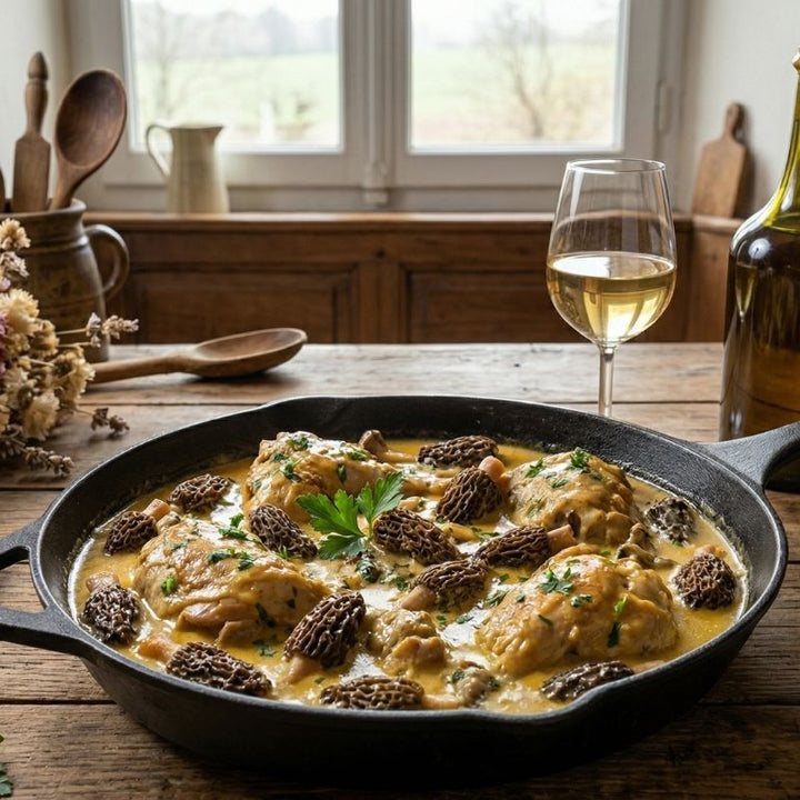 Fricassée de Pintade Fermière au Vin Jaune et Morilles, et sa Timbale de Pommes de Terre au Vieux Comté