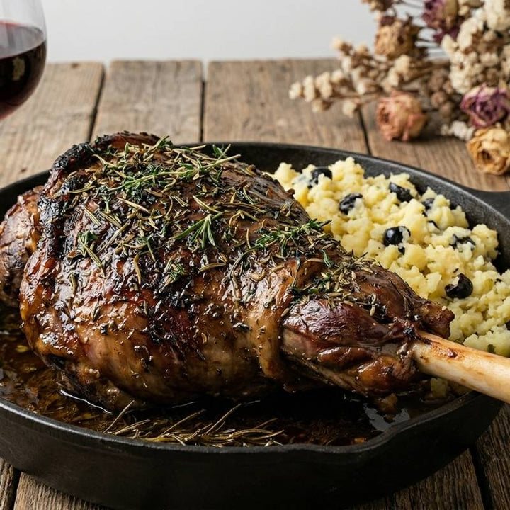 Gigot d'agneau de sisteron confit sept heures aux senteurs de garrigue et son écrasé de pommes de terre aux olives noire