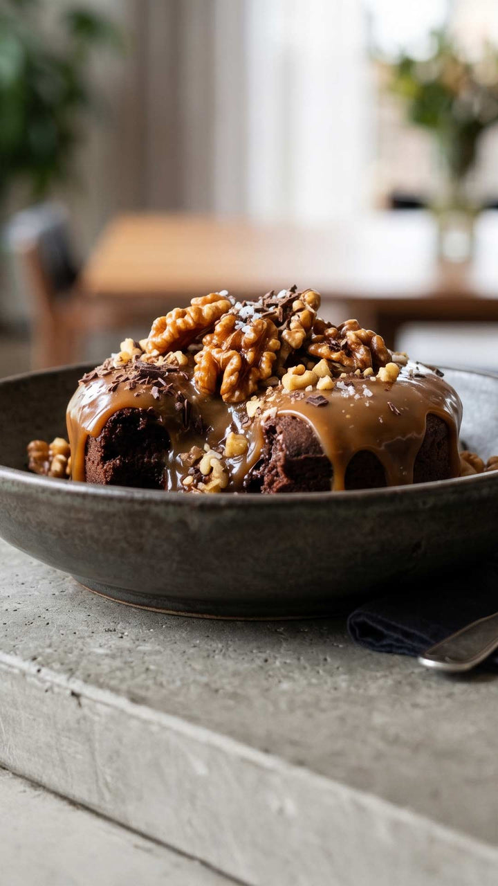 Fondant au caramel beurre salé et noix torréfiées