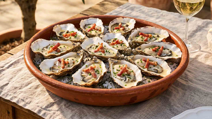 Huîtres pochées au beurre blanc et lard de chèvre