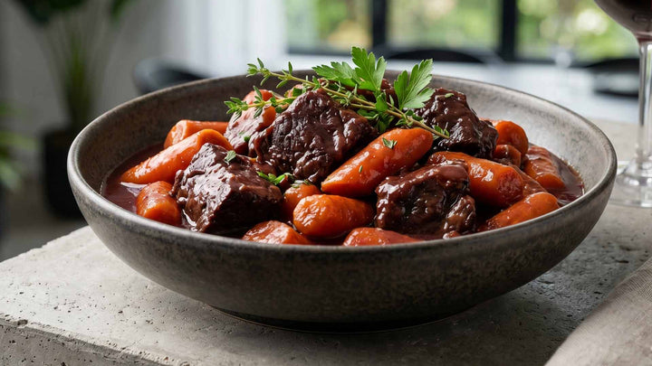Joue de bœuf braisée au vin et carottes fondantes