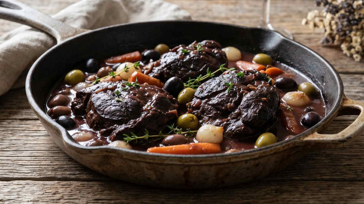 Joue de bœuf braisée au vin et aux olives