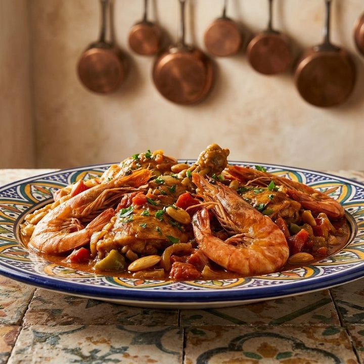 Poulet fermier façon catalane aux gambas