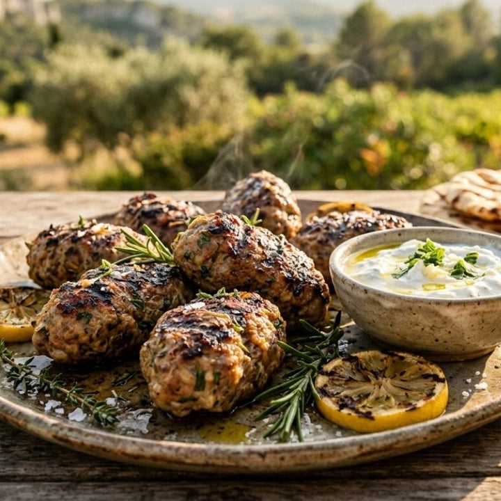 Keftas d'Agneau aux Herbes de la Garrigue, Purée de Pois Chiches Fumé au Paprika