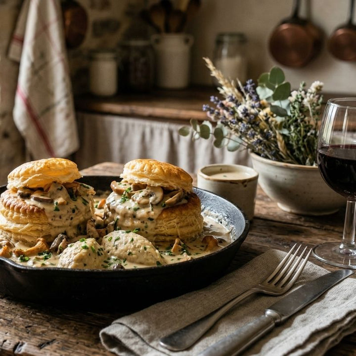 Vol-au-vent aux champignons, quenelles et sauce crémée