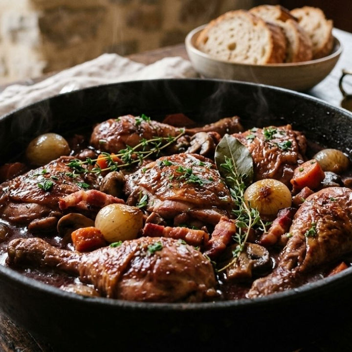 Volaille fermière façon coq au vin