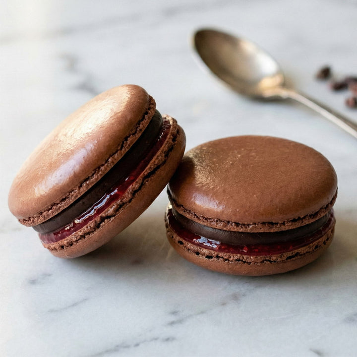 Macaron ganache chocolat noir fraise et vin rouge