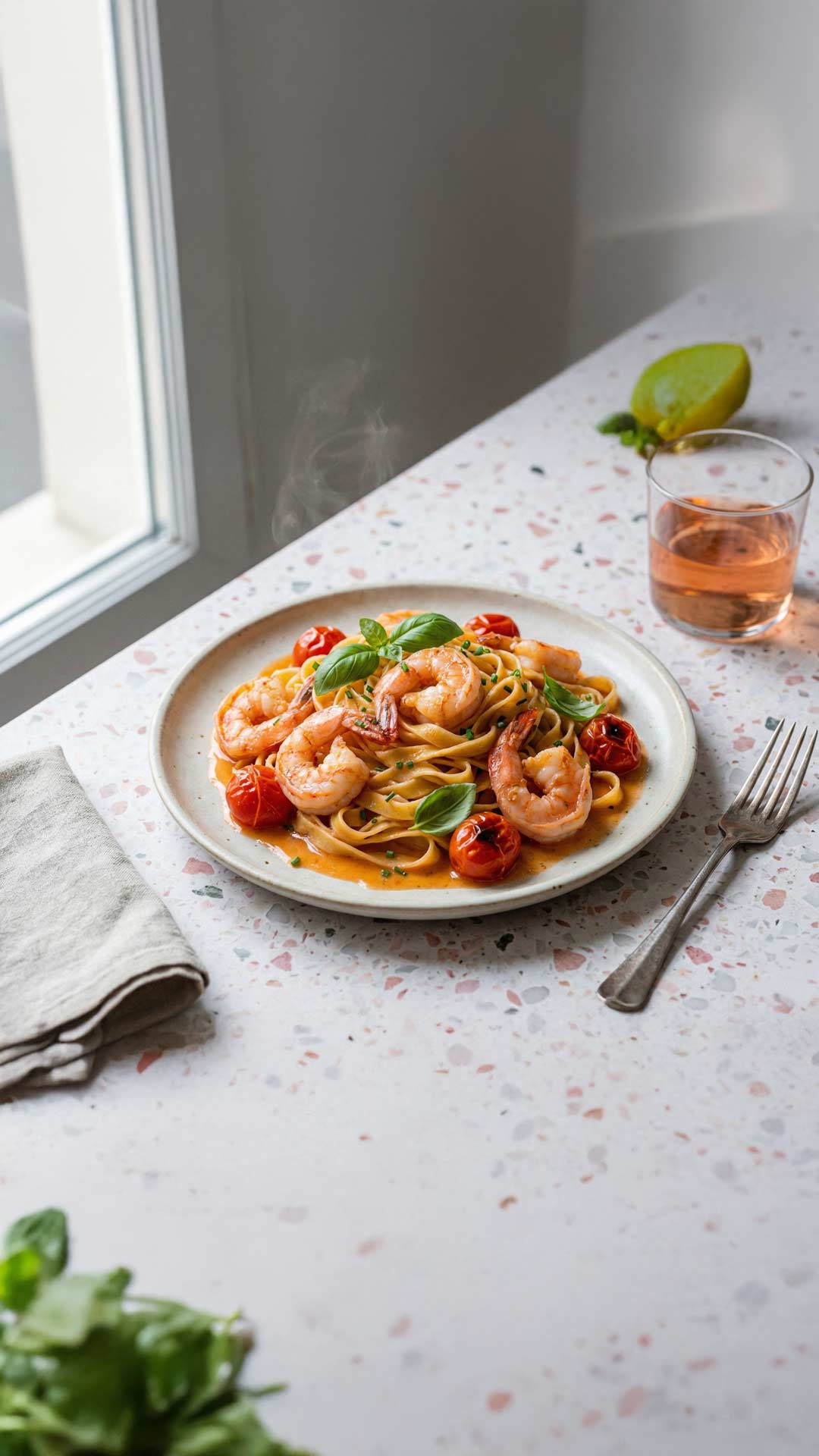 Pâtes aux crevettes, tomates et rosé mobile