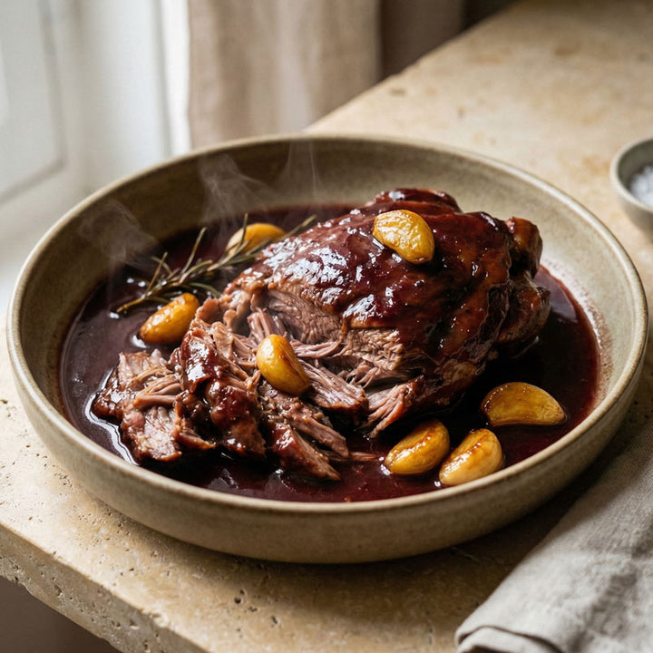 Épaule d’agneau confite au vin rouge