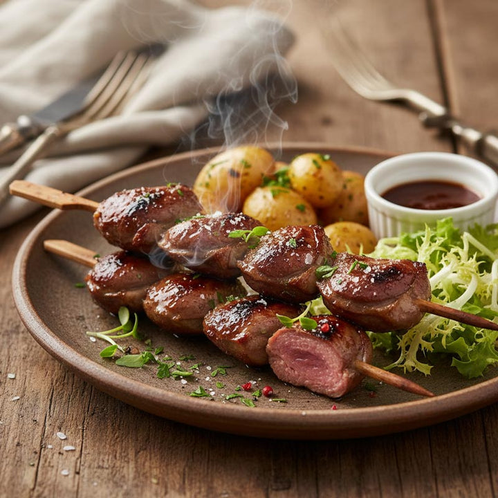 Brochettes de cœurs de canard marinées