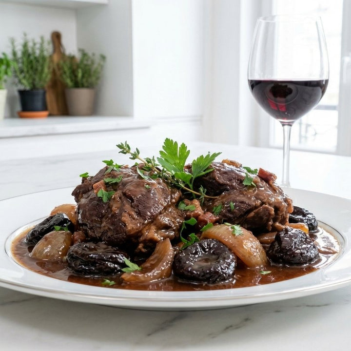 Joue de Porc Fermier confite aux Pruneaux et aux Épices Douces et son Gratin de Cardons à la Moelle