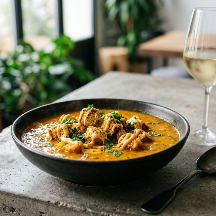 Soupe de poisson à la rouille et croûtons aillés