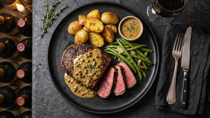 Pavé de bœuf, sauce au poivre vert