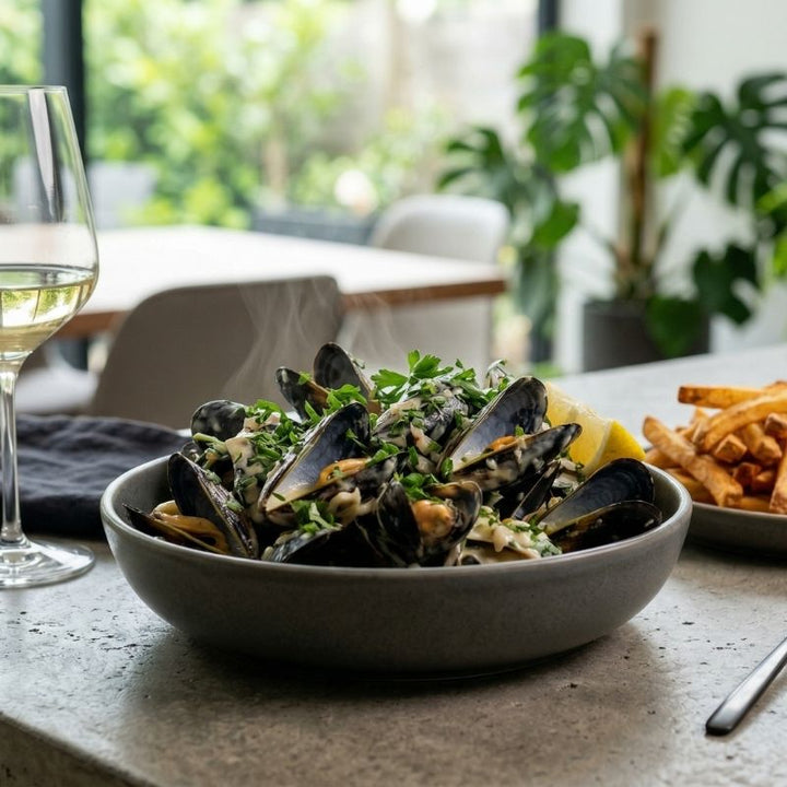 Moules frites à la crème et frites dorées