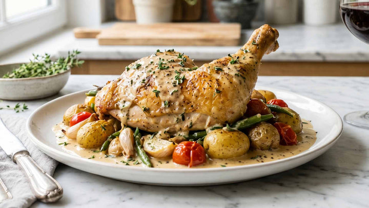 Poulet rôti à la crème de chèvre et thym