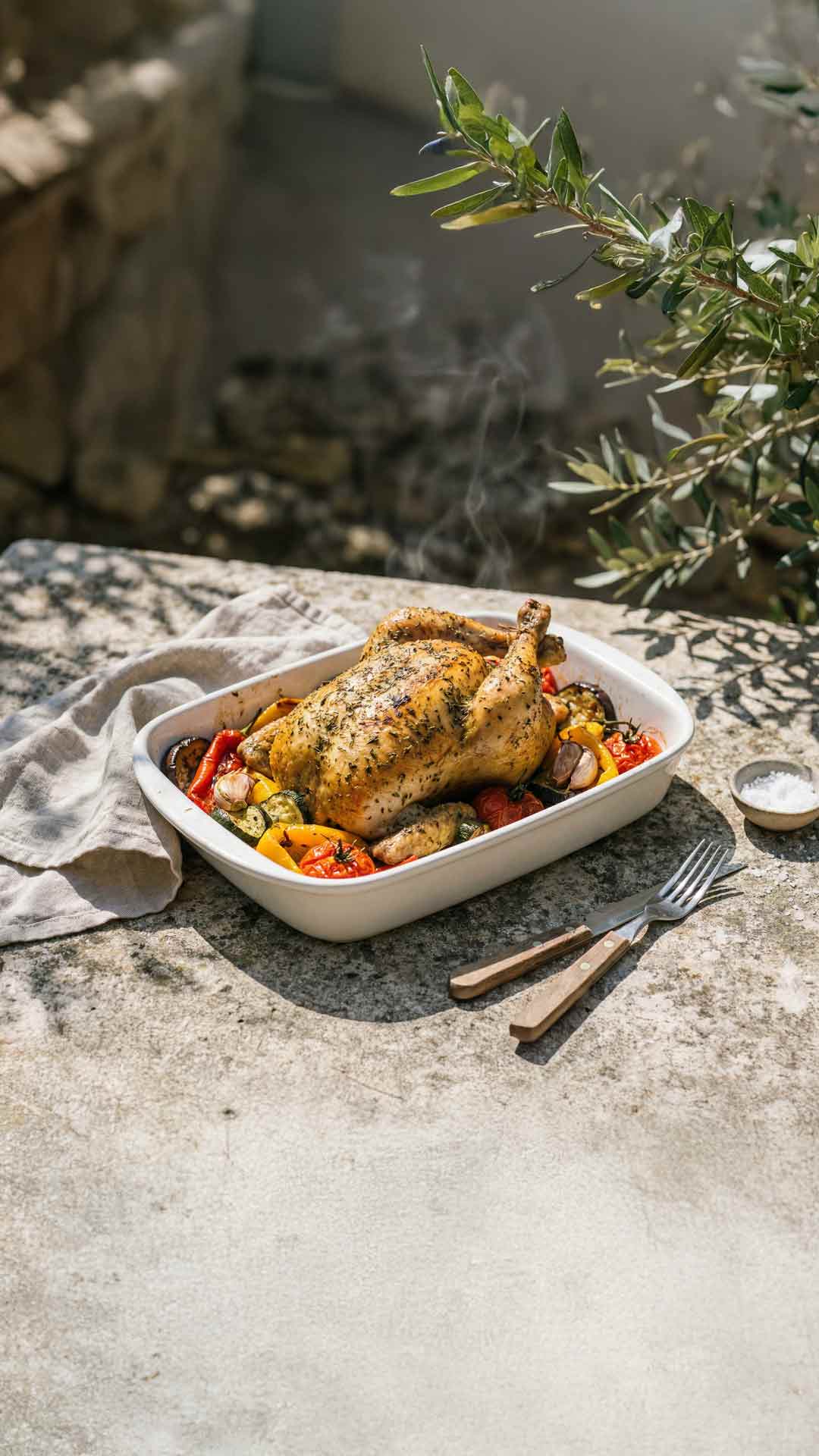 Poulet rôti aux herbes de Provence et légumes du soleil mobile