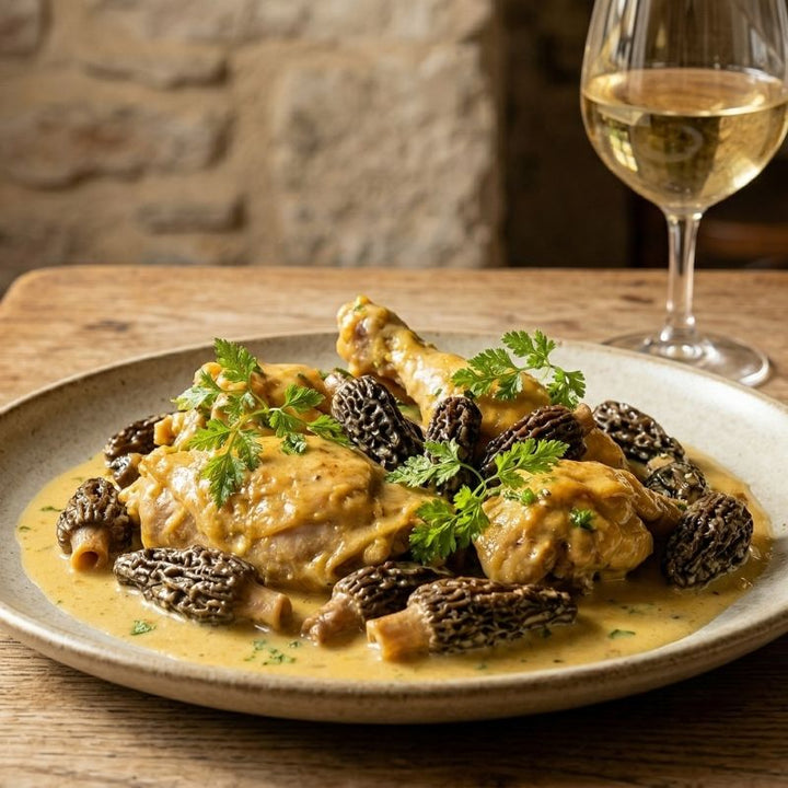 Coq fermier au vin jaune et morilles sauvages