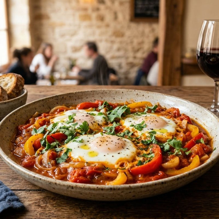 Chakchouka aux œufs pochés, poivrons et tomates
