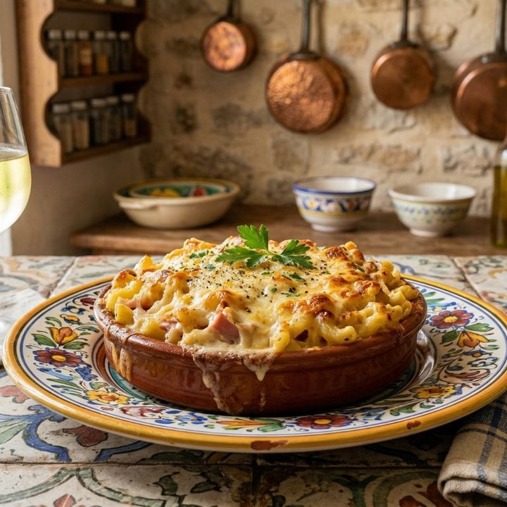 Gratin de pâtes au fromage et jambon blanc