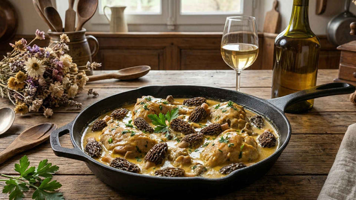 Fricassée de pintade fermière au vin jaune et morilles