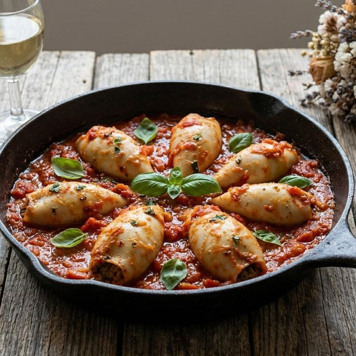 Encornets farcis à la provençale aux tomates et basilic