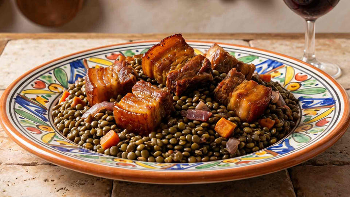 Rillons de Touraine confits et lentilles au vin