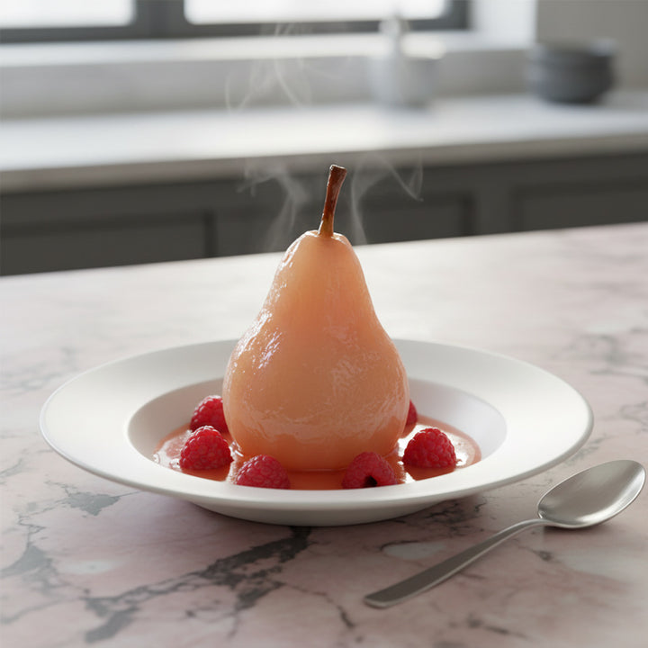 Poire pochée au vin rosé