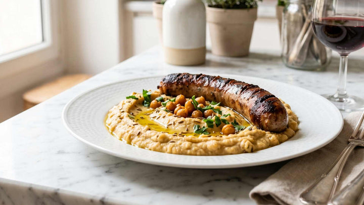 Saucisse grillée et purée de pois chiches au cumin