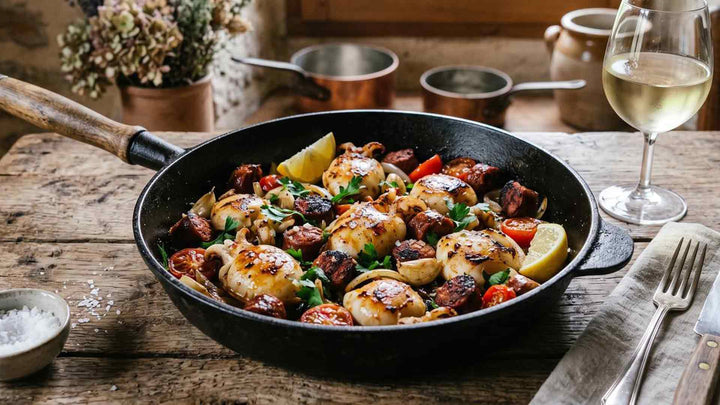 Seiches à la plancha et chorizo