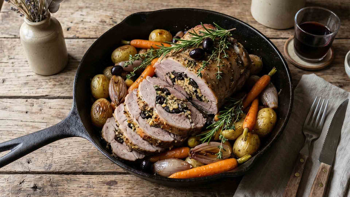 Selle d'agneau farcie aux olives noires