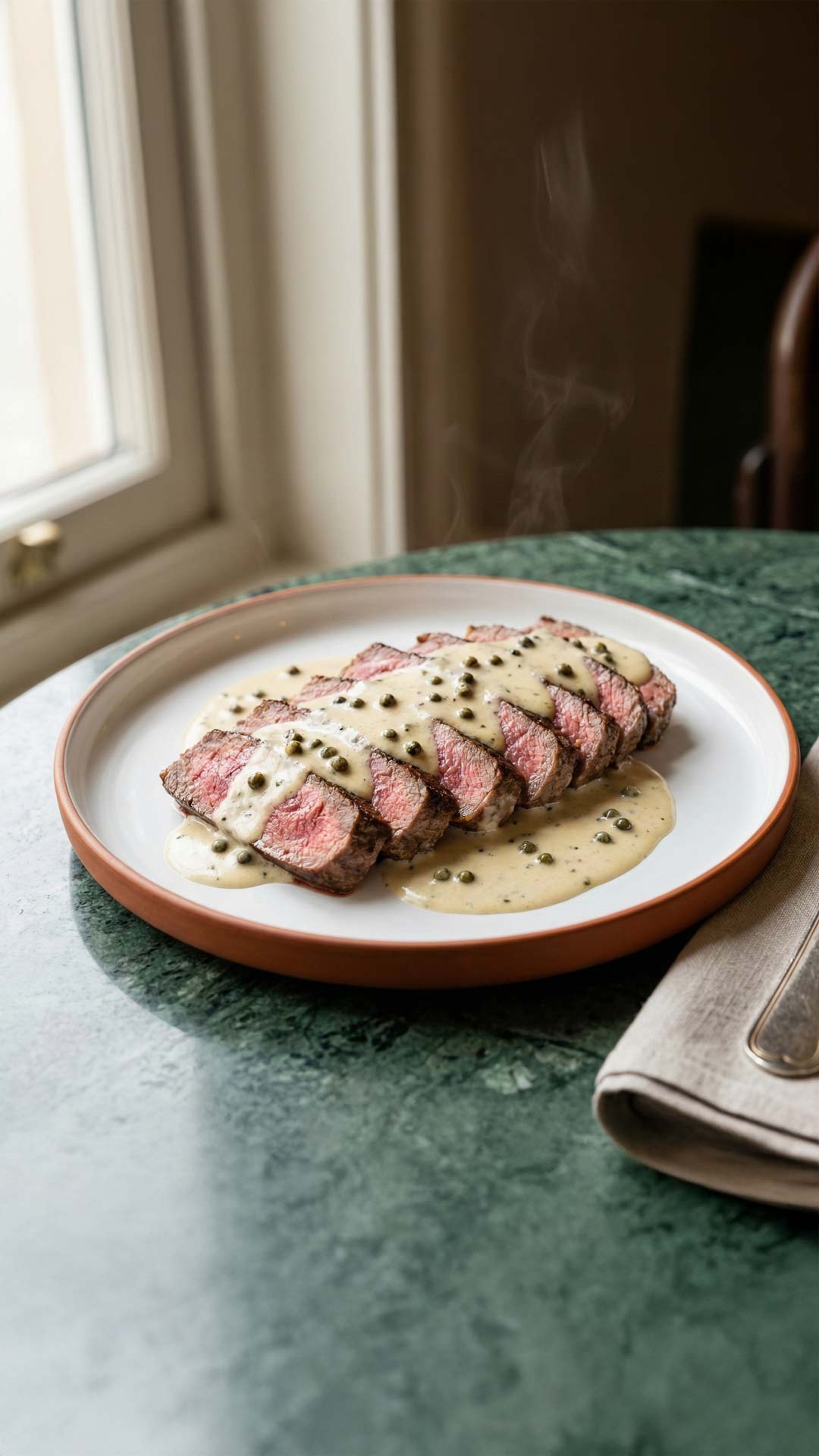 Steak au poivre vert et au vin blanc mobile