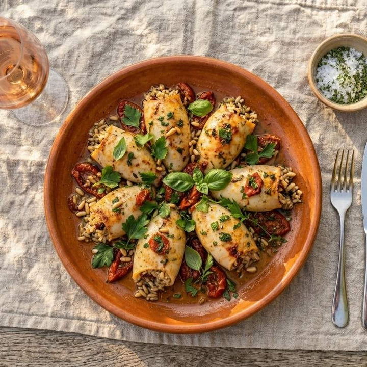 Calamars farcis au riz parfumé et tomates confites