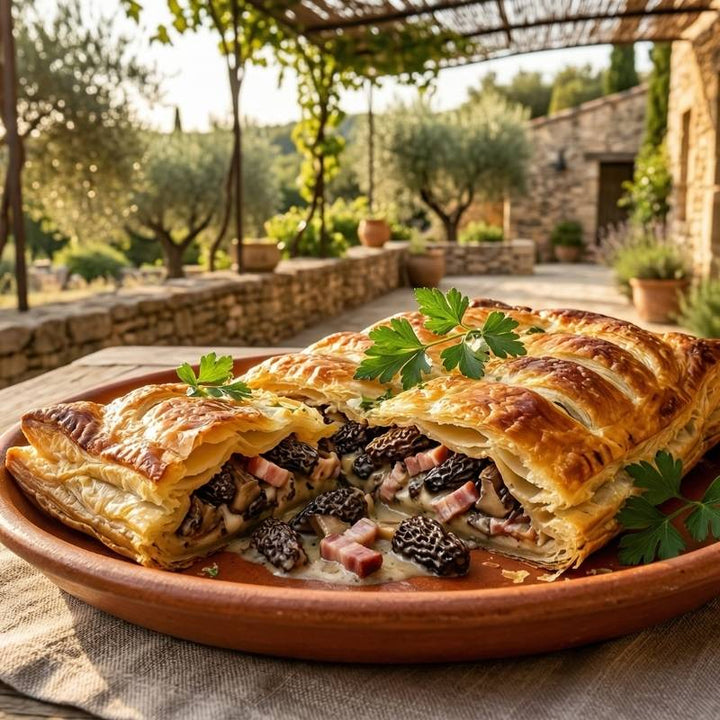 Feuilleté comtois aux morilles et lard fumé