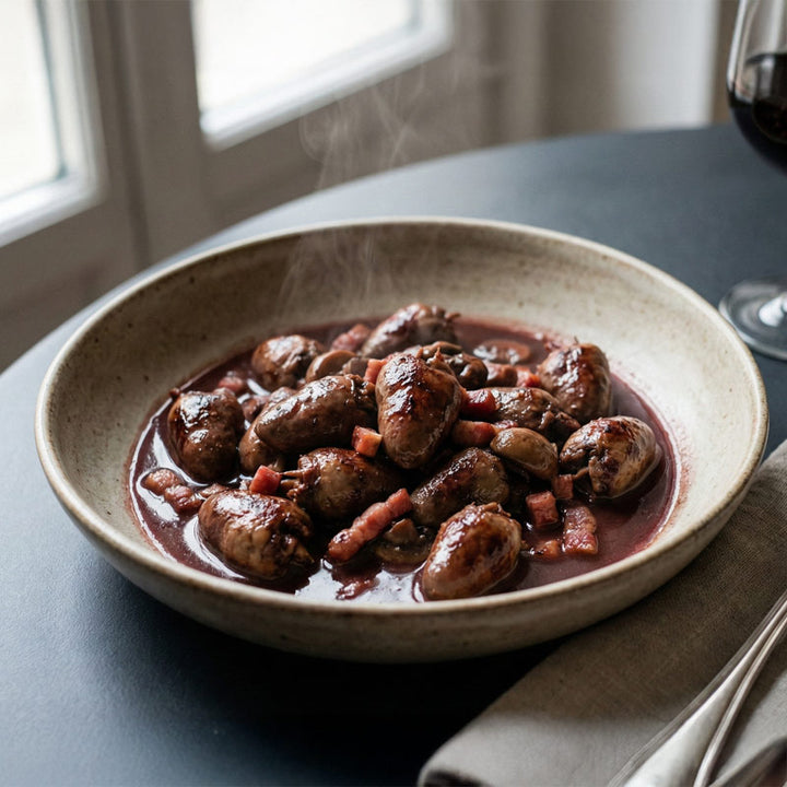 Coeurs de poulet au vin rouge