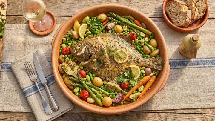 Turbot rôti aux légumes printaniers
